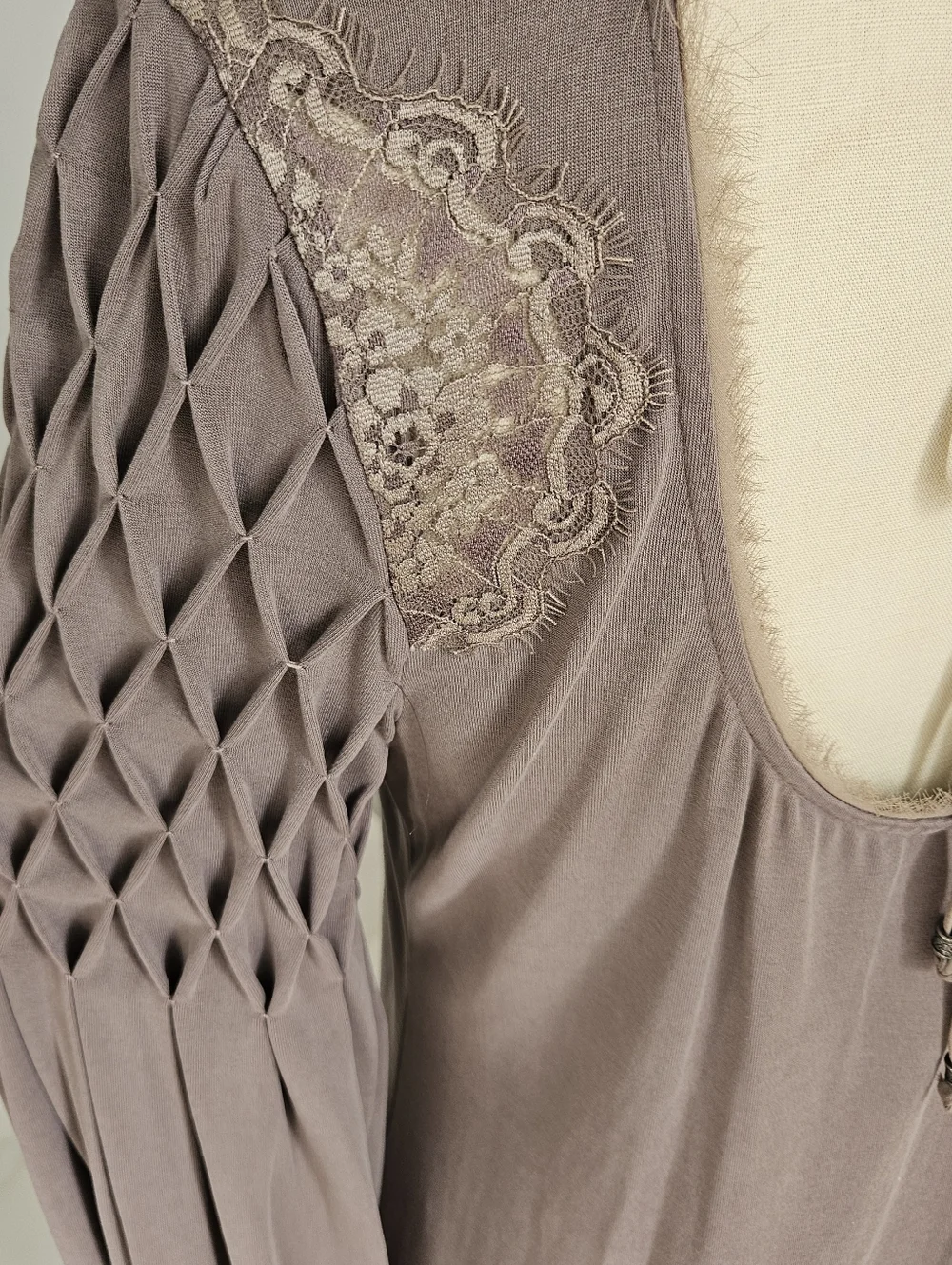 FREE PEOPLE - Taupe Long Sleeve Mini Dress Top with Smocked Shoulder Detail - M